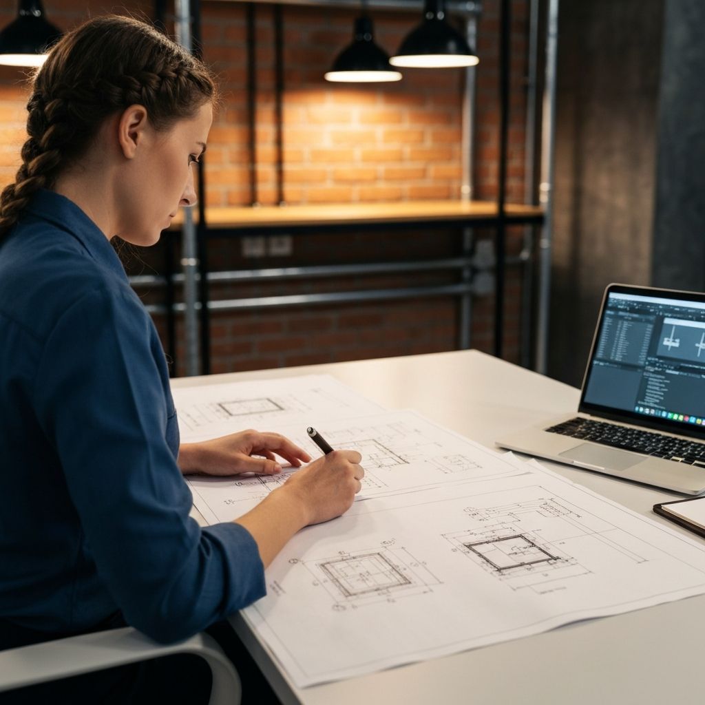 Ingeniera revisando planos t\u00e9cnicos